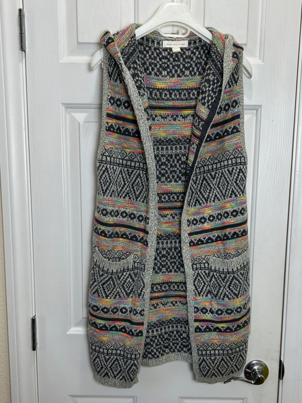 Monteau Fair Isle Rainbow Longline Hooded Cardigan Sweater Vest Medium